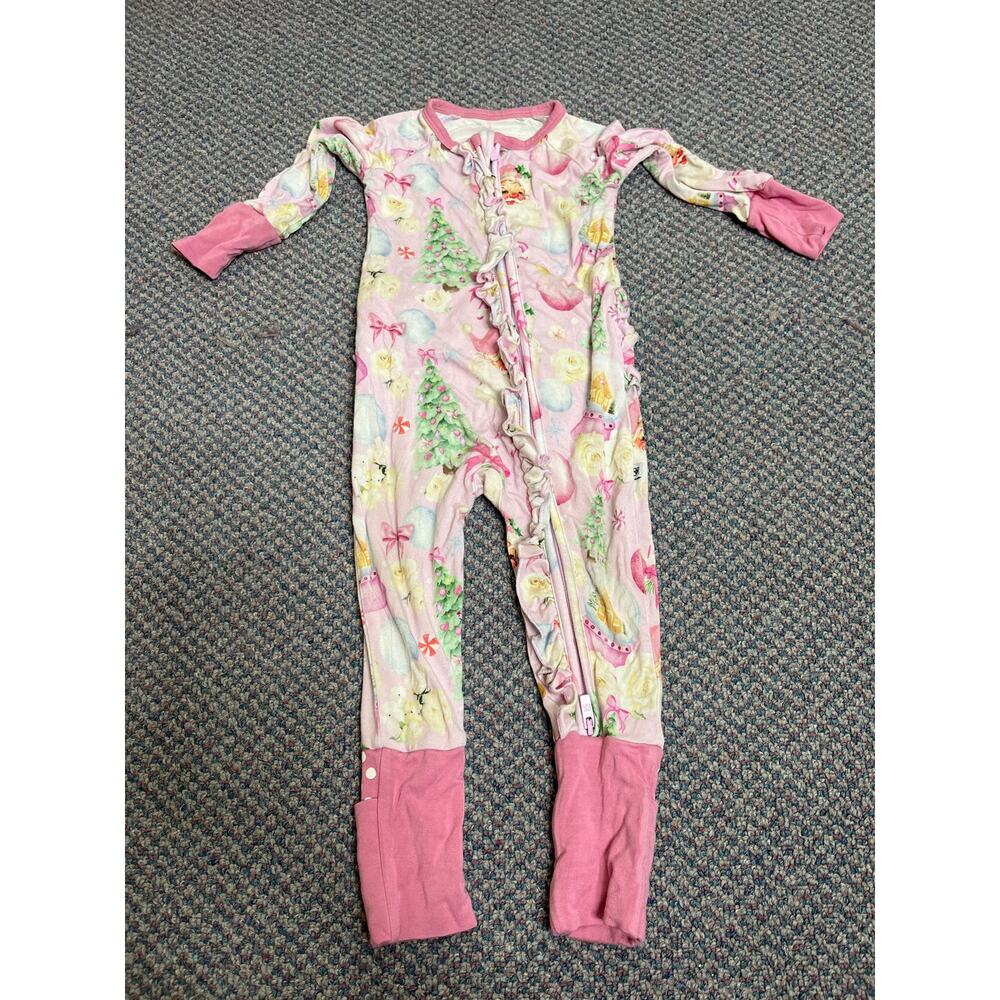 Bums and Roses Pink Christmas Bamboo Ruffle Sleeper 9-12 months